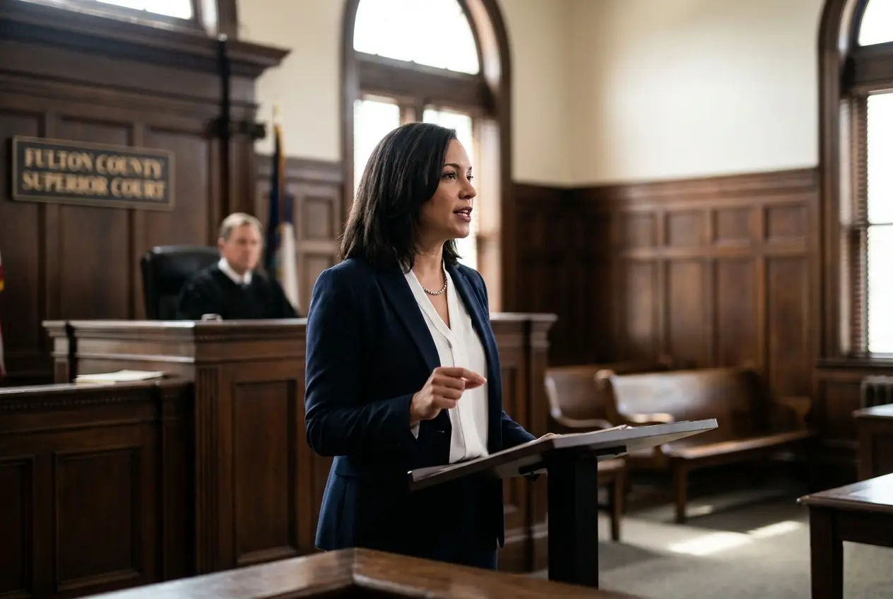 A female family law attorney presenting child support enforcement documents in a Fulton County Superior Courtroom.