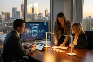 An Atlanta family law attorney and forensic accountant tracing cryptocurrency and digital assets on a screen during a high-net-worth divorce consultation.