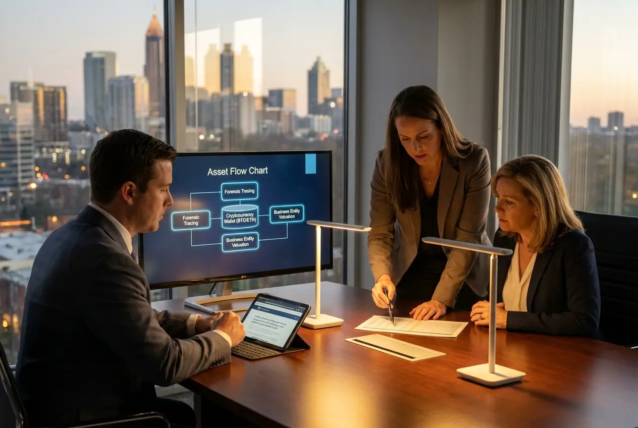 An Atlanta family law attorney and forensic accountant tracing cryptocurrency and digital assets on a screen during a high-net-worth divorce consultation.