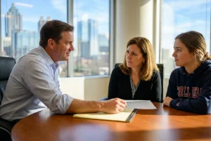 An Atlanta family law attorney explaining Georgia's 2024 laws for continuing child support for adult children with disabilities to a mother and daughter.