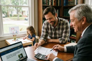 An unmarried father and his attorney reviewing the 2026 Georgia Schedule C worksheet to calculate child support based on overnight parenting time.