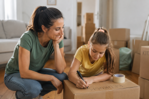 Mother and daughter packing moving boxes while preparing for a child custody relocation in Georgia