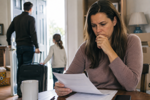 Parent reviewing custody documents while the other parent leaves with a child during a Georgia relocation dispute