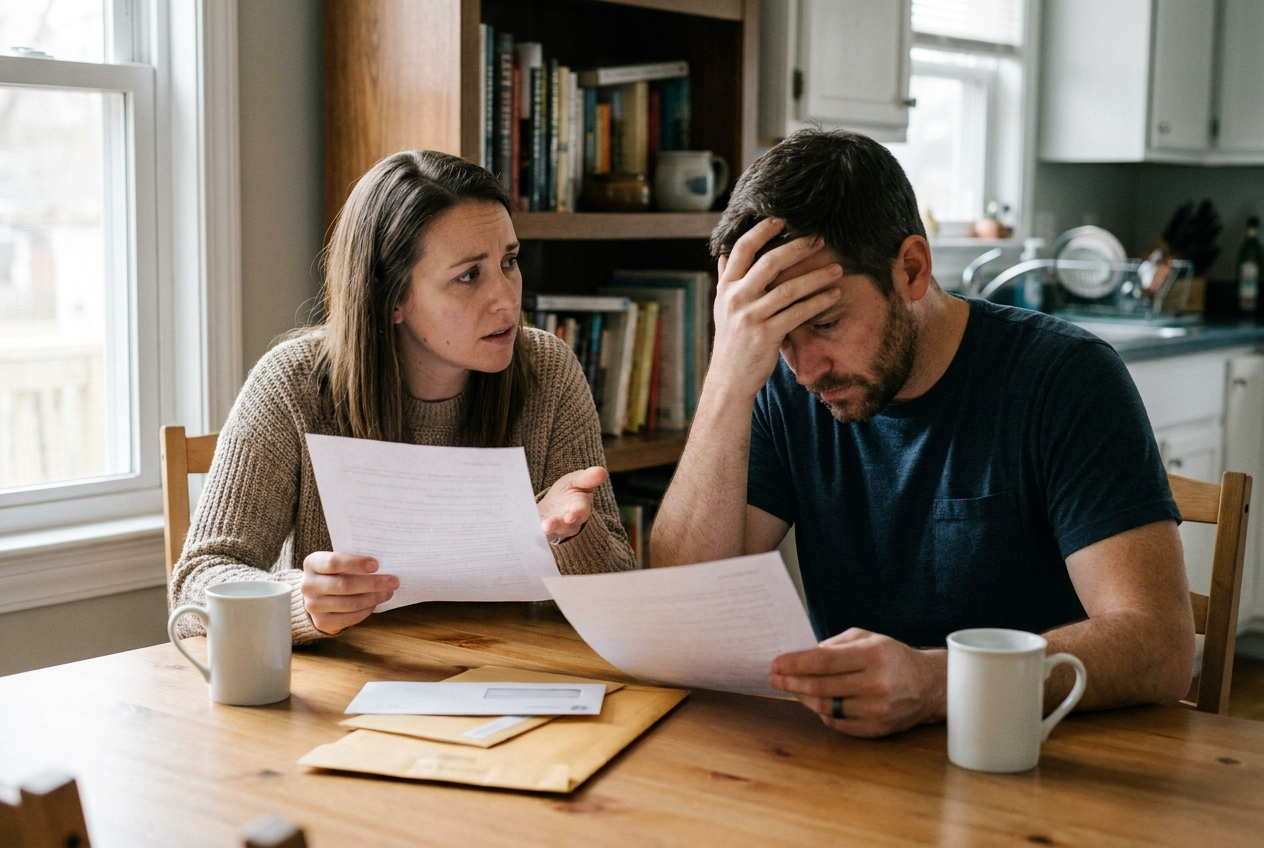 Married couple reviewing legal documents while discussing whether a prenuptial agreement can be challenged during a Georgia divorce.