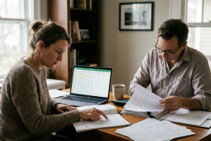 Couple reviewing financial records during a Georgia high-asset divorce involving forensic accounting.