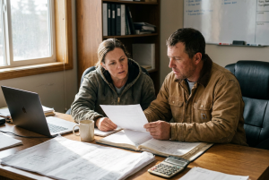 Couple reviewing business and financial documents during a Georgia divorce involving a family-owned business.